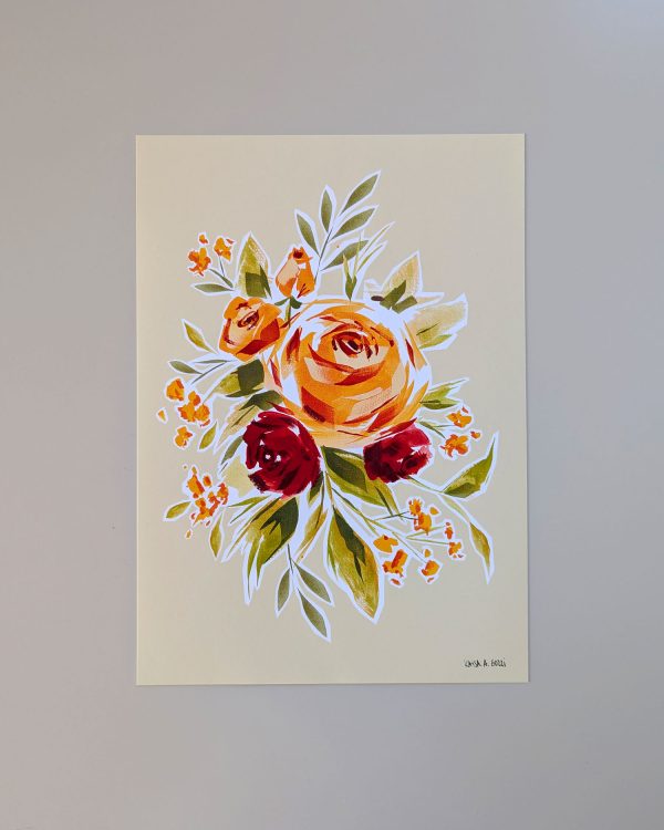 bild på affisch med en illustration av blombukett på ljust gulgrön bakgrund.