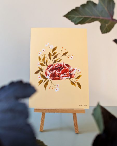 bild på poster med illustration av sovande rådjur bland blommor