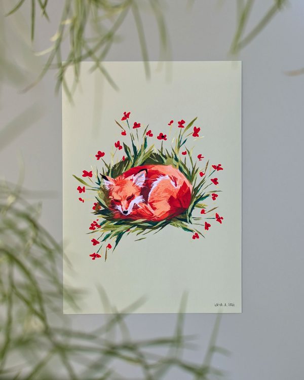 bild på poster av illustration av sovande räv bland röda blommor