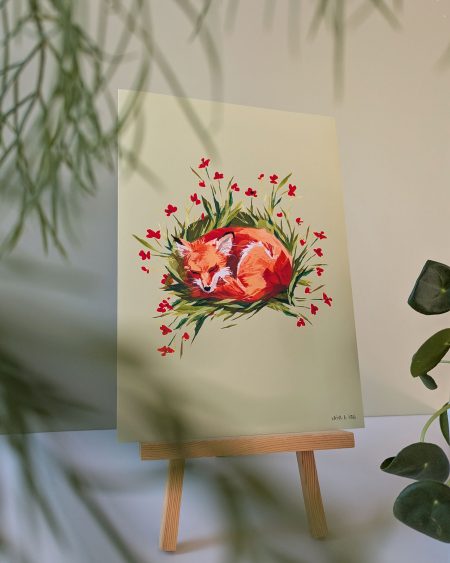 bild på poster av illustration av sovande räv bland röda blommor
