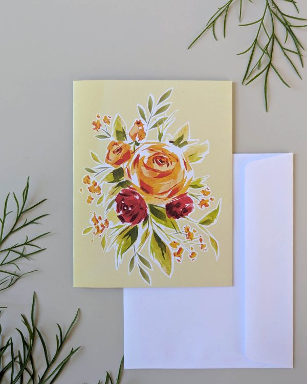 vikt kort med illustration av bukett gula och röda rosor